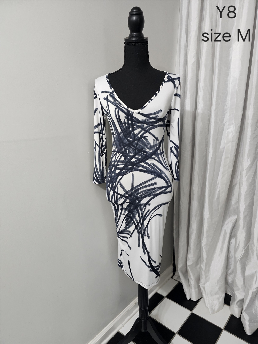 White & Navy Abstract Sheath Dress - V-Neck, 3/4 Sleeves